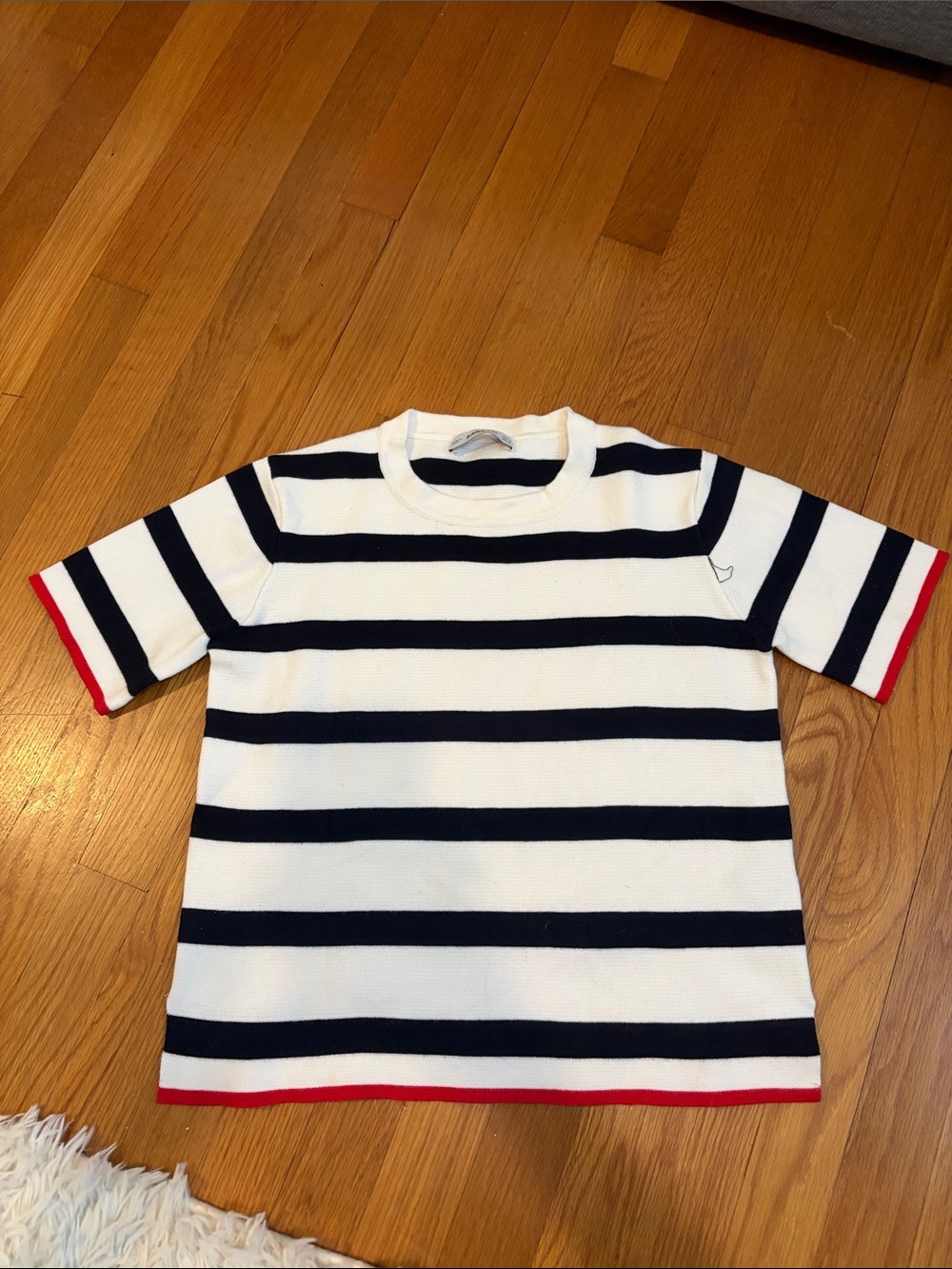 Zara Navy, White & Red Striped Short-Sleeve Knit Top